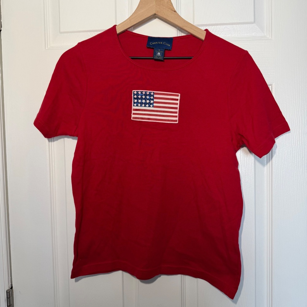 Charter Club Vintage American Flag Patch Cotton Shirt Womens S Patriotic USA